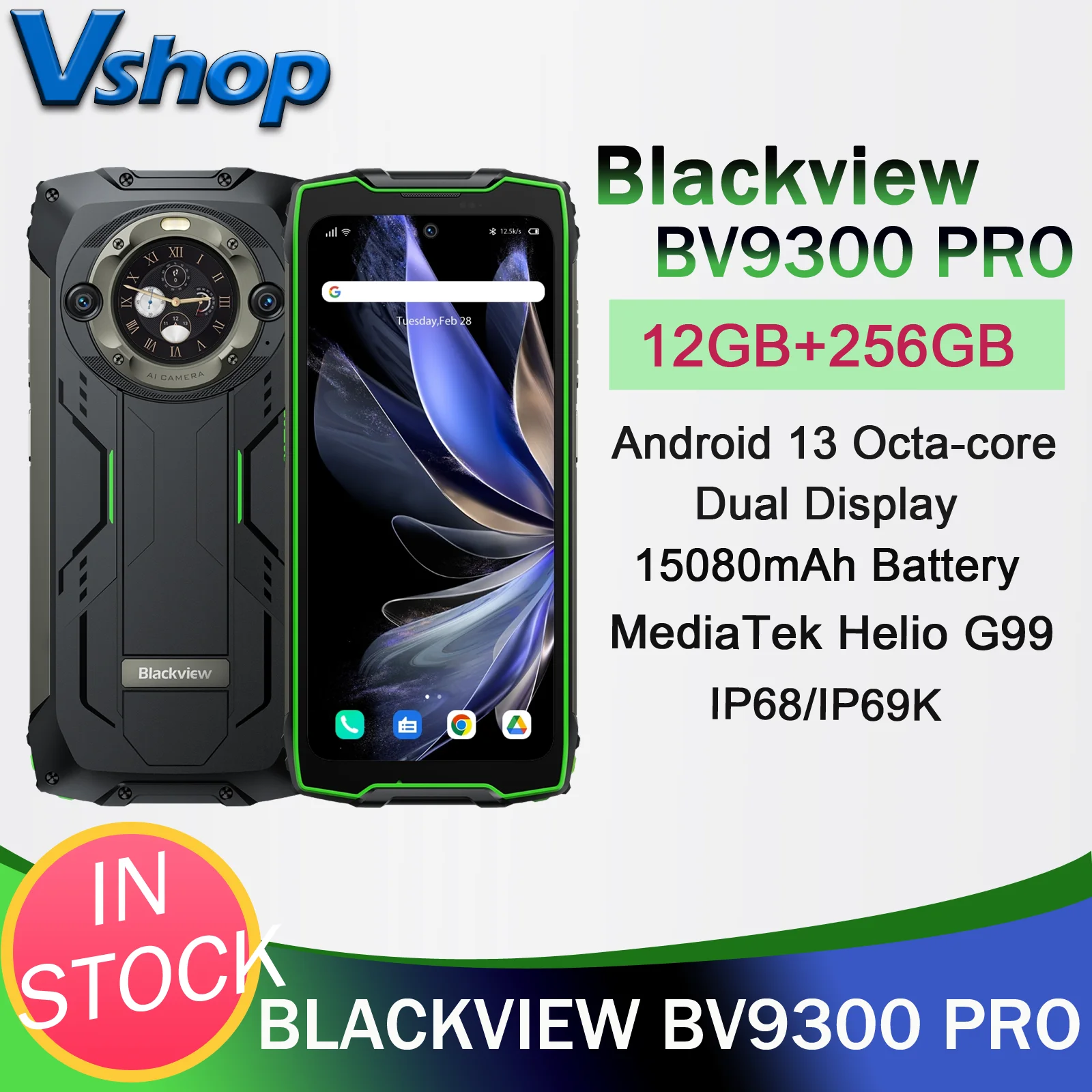 Blackview BV9300 Pro Rugged Phone 12GB+256GB 64MP 6.7”+1.32“Dual Display 15080mAh Android 13 MediaTek Helio G99 4G NFC Smartphon