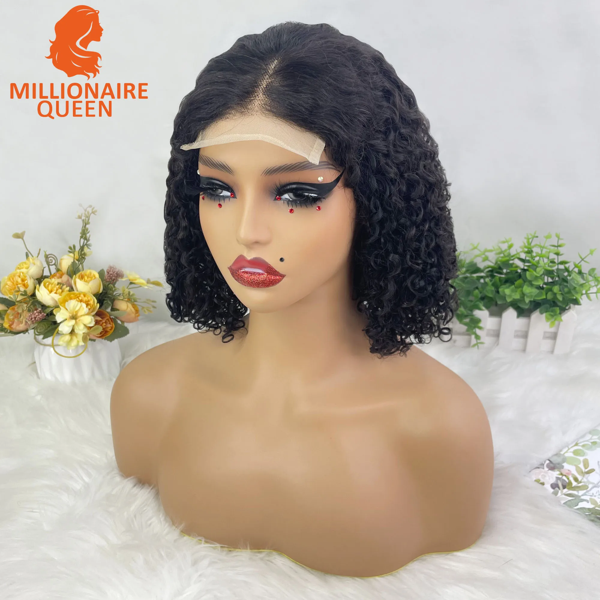 Bouncy Super Double Drawn Vietname Hair Pixie Curly 4x4 Bob Wig with 100% Human Hair Nature Black 250% Density For Black Women