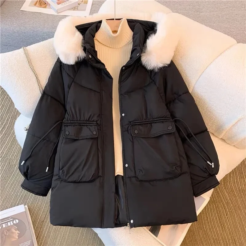 White Down Cotton-Padded Jackets Womens New Winter Korean Loose Mid-Length Parkas Genuine Sequined Fur Collar Students Coats