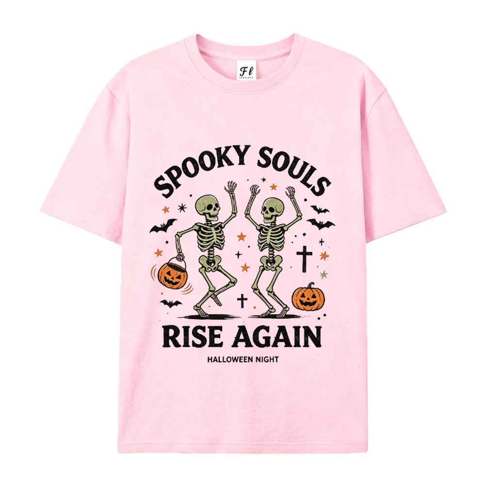 Men Women Halloween Skeleton T Shirt Spooky Souls Rise Again Graphic Short Sleeve Casual Streetwear Tee Pumpkin Party Top ﻿