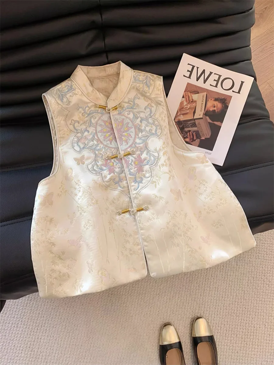 

Ele Heavy Embroidery Stand Collar Svel Vest Women's Spring Autumn Design Slit Button Bal Top Faionable Versa...