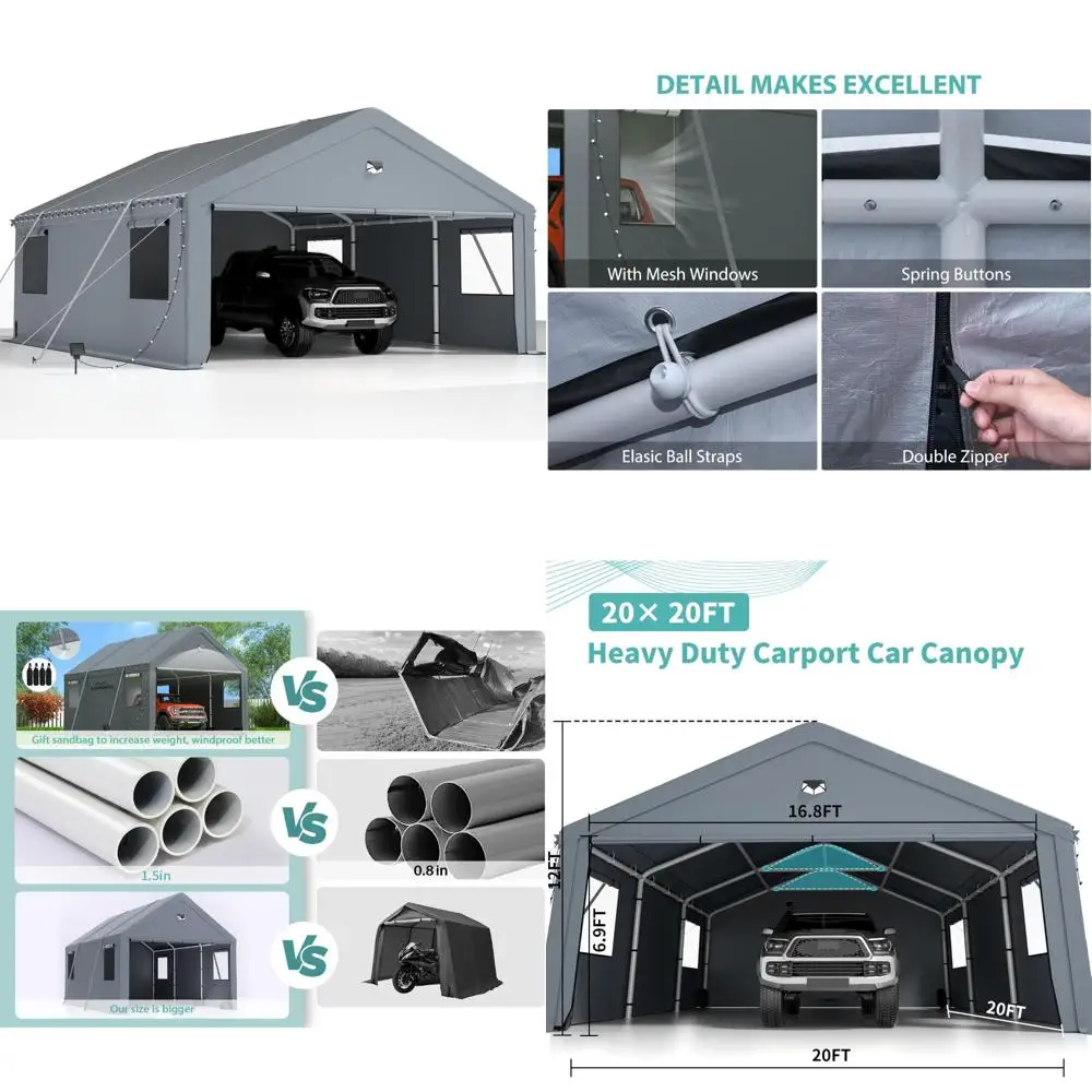 

Heavy Duty 20x20 Car Carports with Removable Side Walls, Portable Carport Garage, Car Shelter for Outdoor Protection