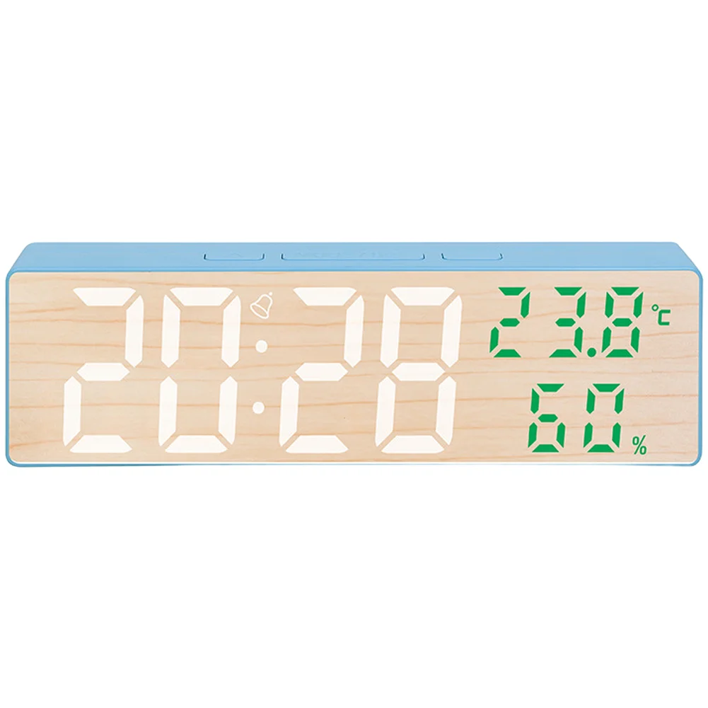 LED Clock with Wood Pattern Front Panel Real-Time Temperature and Humidity Monitoring Alarm Setup and Calendar View for Home