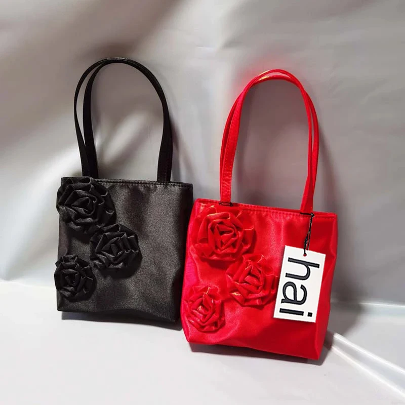 New Fashion Elegant Designer Luxury Silk Satin Rose Square Underarm Phone Bag Contrast Color Tote Purse for Women Birthday Gifts