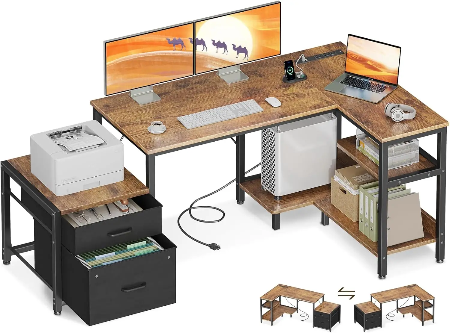 

L Shaped Desk with Drawers & File Cabinet, Reversible Computer Desk with Storage Shelves & CPU Stand, Corner Desk Power Outlets