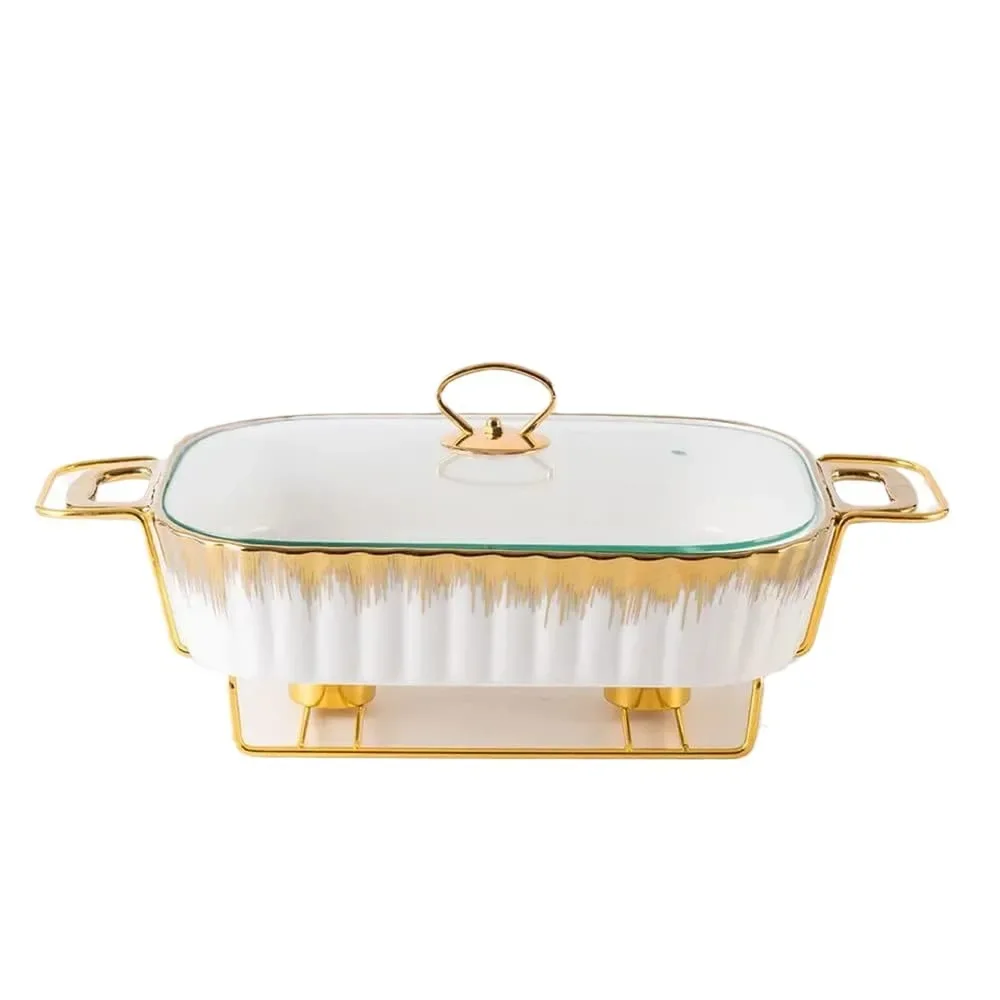 Ceramic buffet heater, soup pot, gold-plated tableware, rectangular ceramic candle, heated food, insulated baking tray with lid