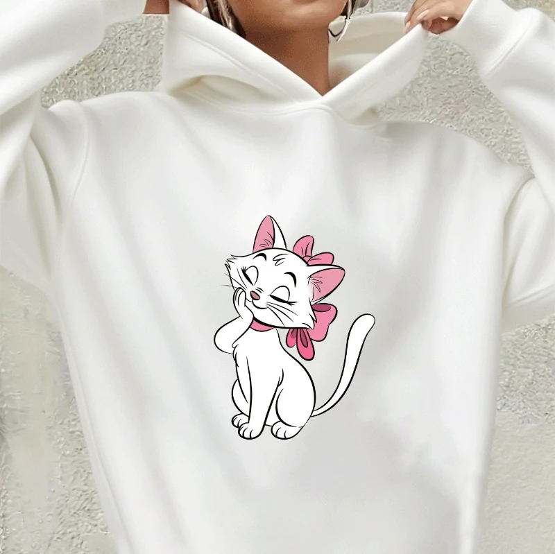 Felpa con cappuccio retrò Cat Adventure Morbida e confortevole Lavabile in lavatrice Mary Cat Pink Bow Design Autunno/Inverno