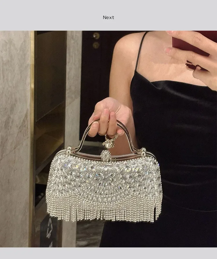 Metallische Strass-Diamant-Abendclutch mit Goldener Quaste, Luxuriöse Braut-Hochzeits-Party-Handtasche für Damen, Formelle Bankett- und Abschlussball-Tasche – Detail 19