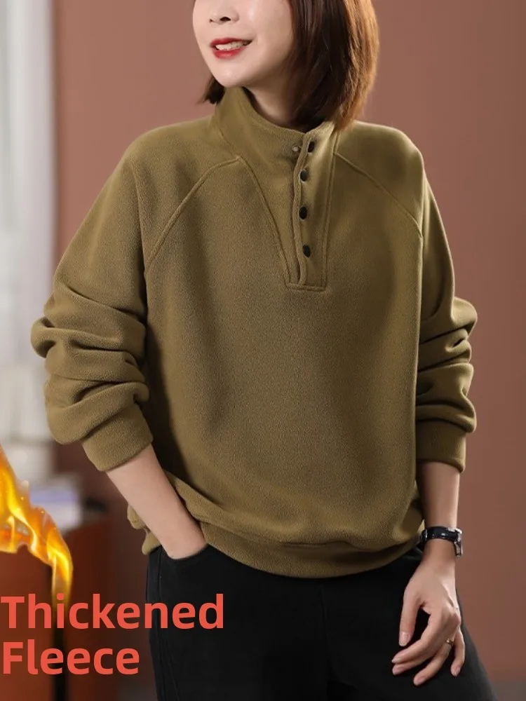 Thickened Double-sided Fleece Hoodie Women's Winter Fashion Warm Base Shirt Brand Tag Removed Stand Collar Long Sleeve Sweats...