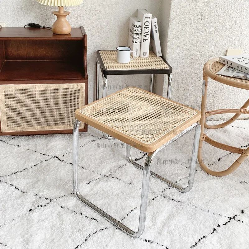 JOYLIVE Rattan Solid Wood Stool Plant Vine Bedside Sofa Stool Stainless Steel Rattan Shoe Stool 2022 New Dropshipping Home Use