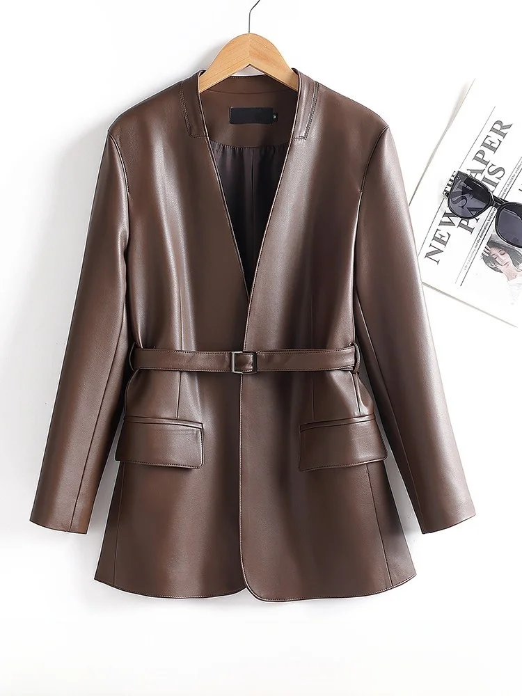 

Женское пальто-жилет из натуральной овчины с поясом, средней длины, приталенное, весна-осень, новинка