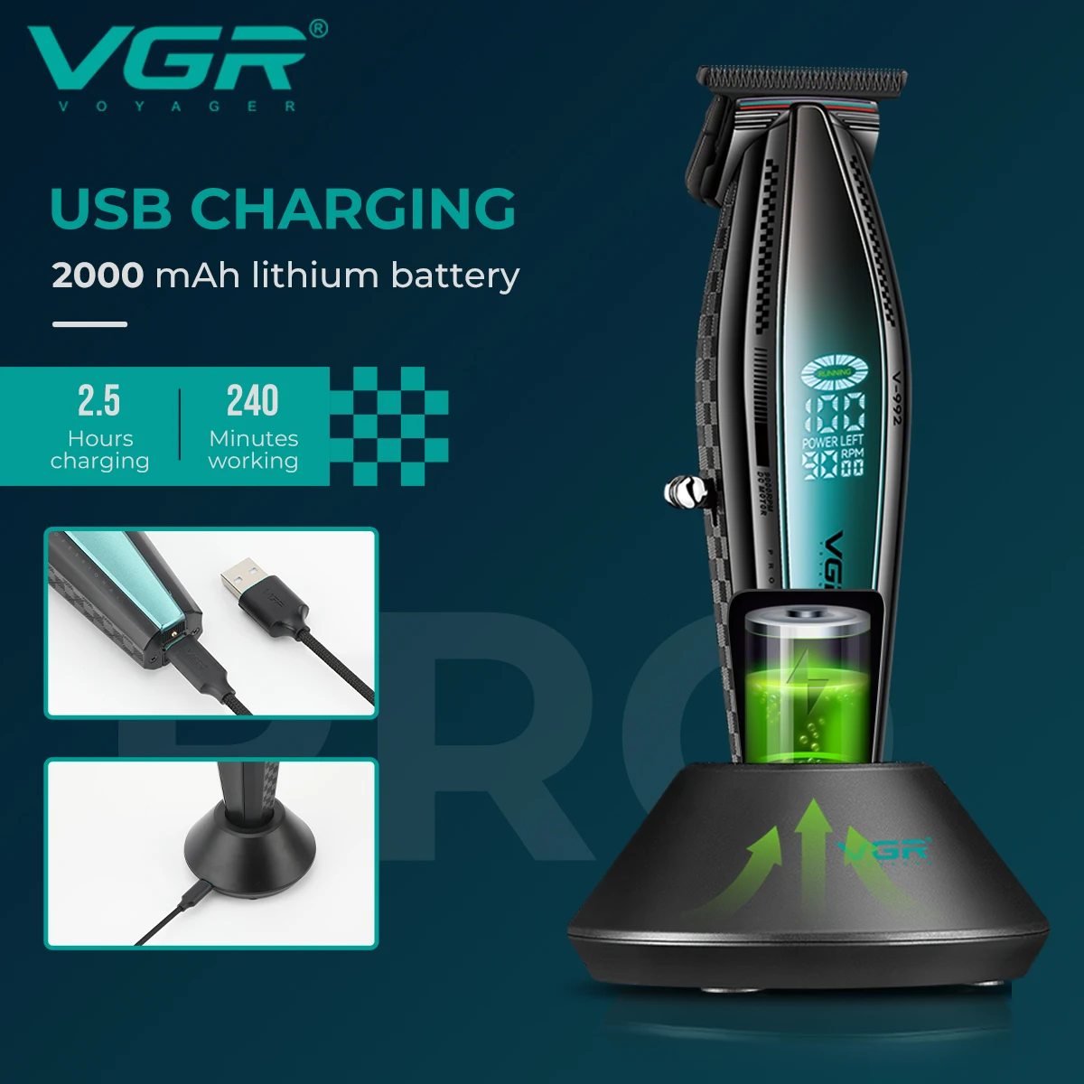 VGR 남성용 전문 헤어 트리머, 전기 이발 기계, 충전식 헤어 클리퍼, LED 디스플레이, V-992, 9000 RPM