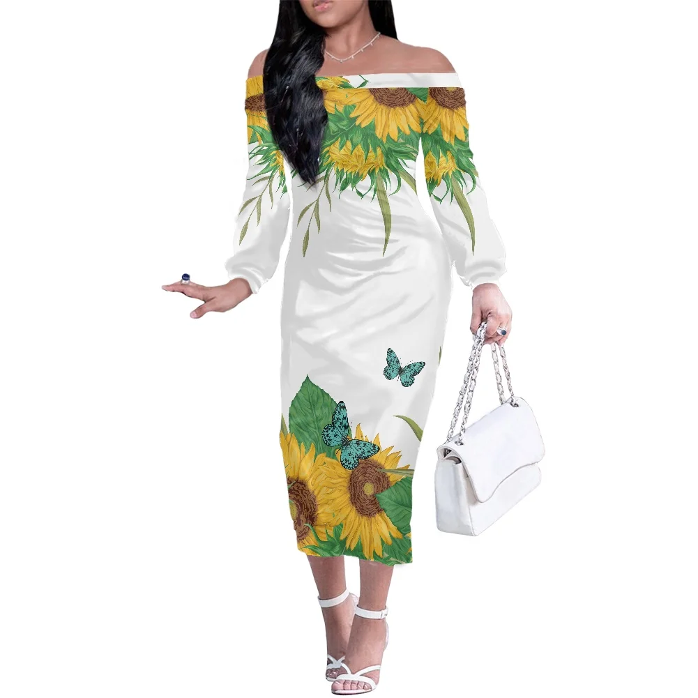 

Summer Ladies Plus Size Dress Flowers And Plants Print Sunflower Dress Hawaii One Word Collar Long Sleeve Loose Pencil Skirt