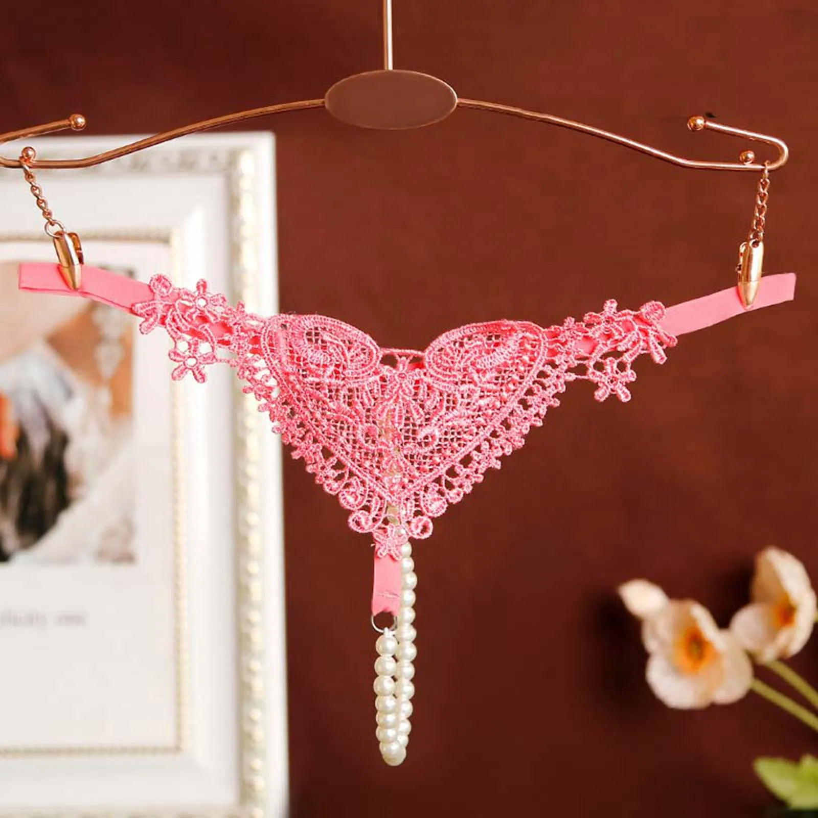 Women Sexy Lingerie Panties Heart Embroidery Micro G-String Beaded Thin Straps Thong Hollow Out See-Through T-Back Tangas Mujer