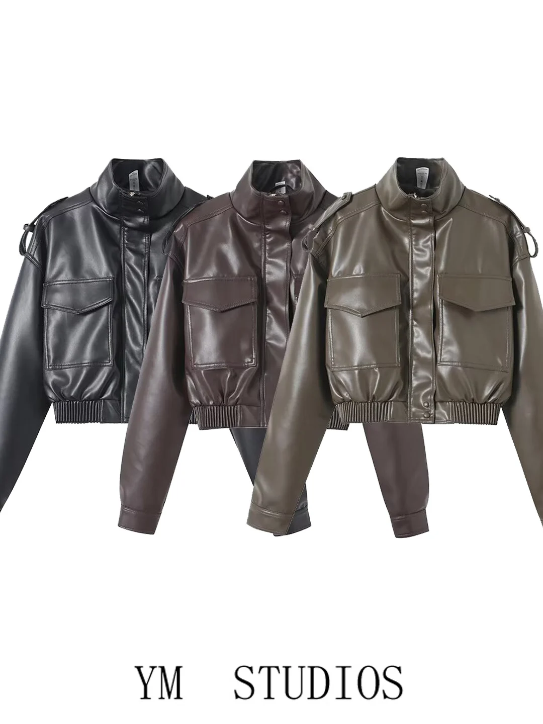 

Женская кожаная куртка-косуха с карманами, утягивающая талию, с воротником-стойкой, модная, повседневная, свободного кроя, с длинными рукавами