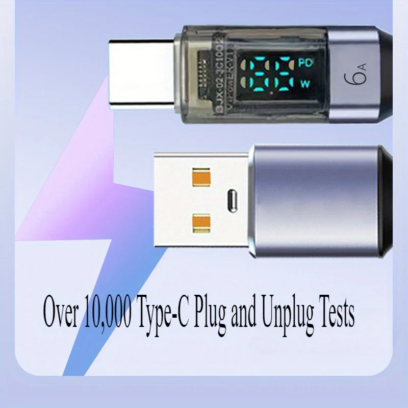 6 عبوات من كابل بيانات العرض الرقمي الذكي بطول 1 متر/3.3 قدم، كابل شحن سريع 66 وات، USB إلى Type-C، كابل شحن سريع كهربائي مرئي