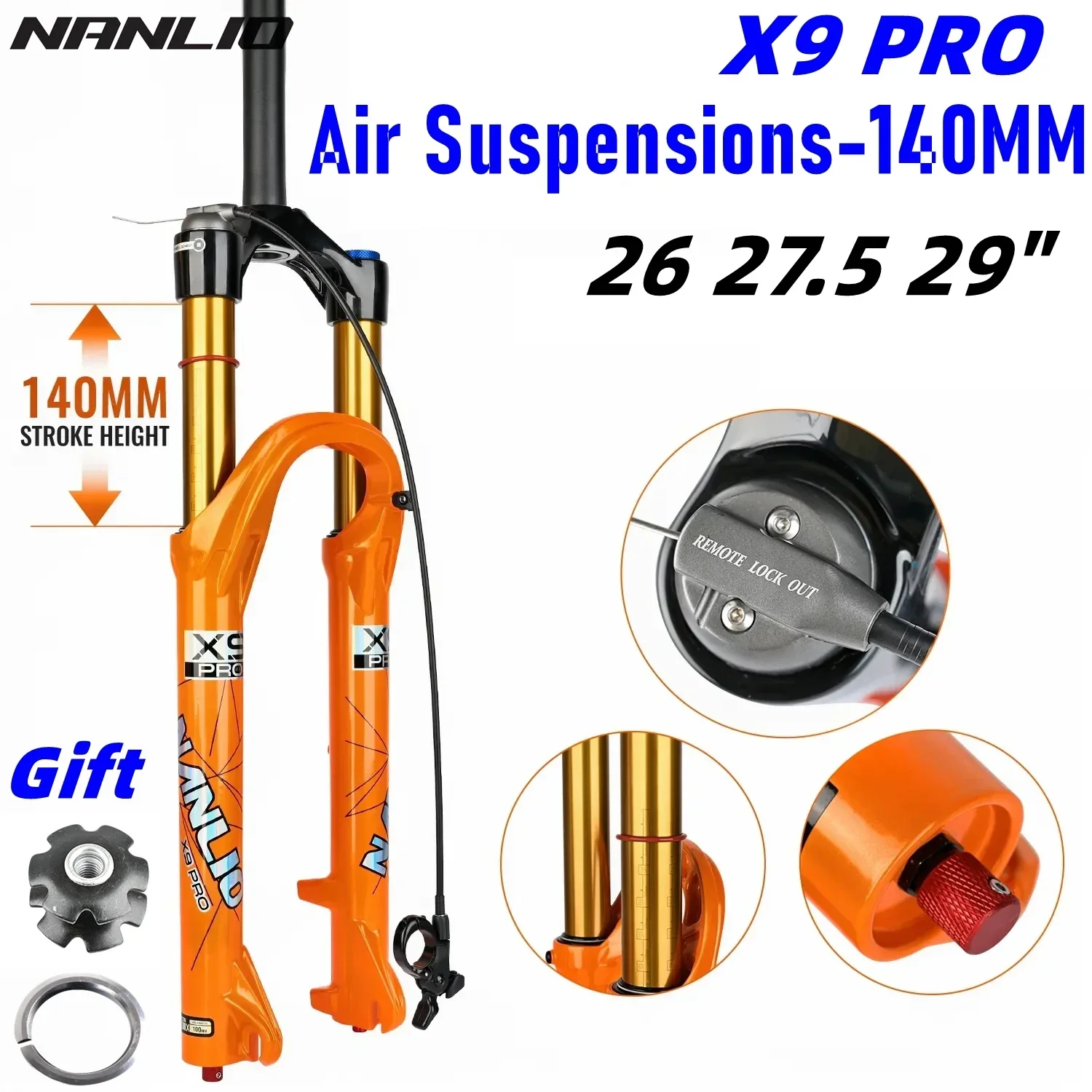 Nanlio X9 pro Bicycle Suspension Fork 34MM Orange Air/Oil/Gas 140mm Travel Compatible 26 27.5 29 Inch Wheels with Metal Bushing