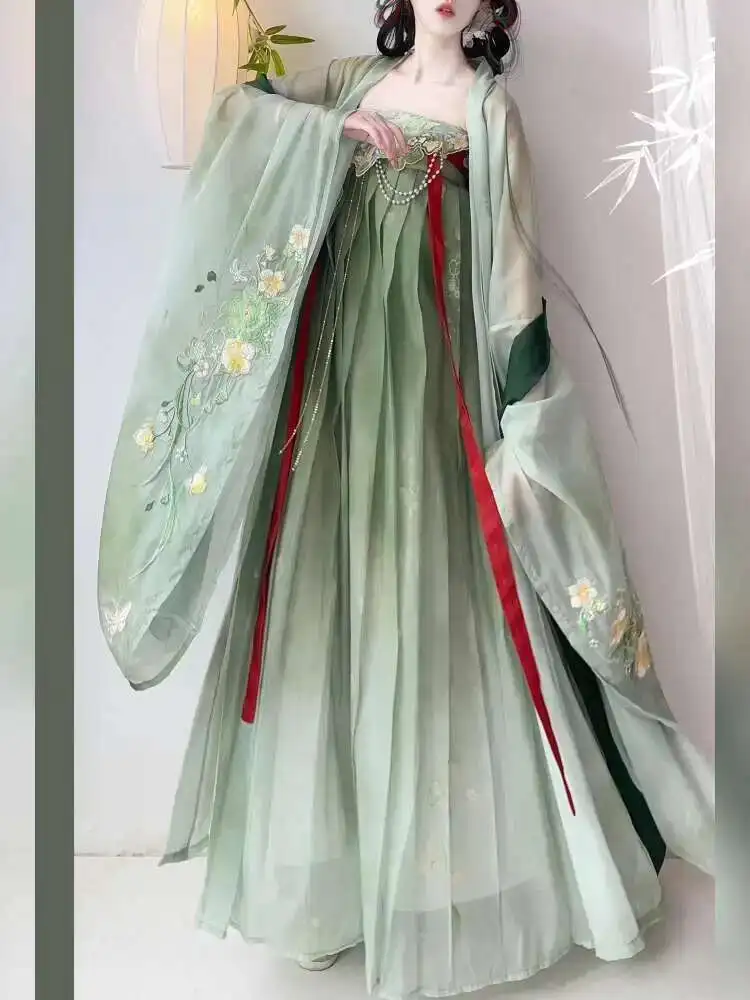 

Hanfu Women Ink Dyed Blue Shirt Tang Style Chest-High Embroidered Gradient Large Sleeve Shirt Daily Spring Summer