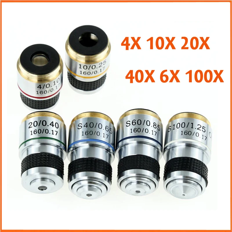 Microscope biologique 4X 10X 20X 40X 60X 100X 185 Objectif achromatique professionnel Objectif de précision à noyau en cuivre 20,14 mm