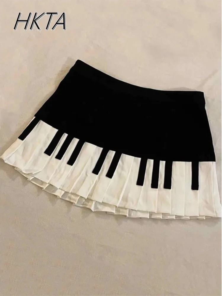 

Vintage Black White Piano Keys Skirts Y2k Aesthetic Slim Waist Ruched A-line Mini Skirts for Women 2025 Summer New Faldas Mujer