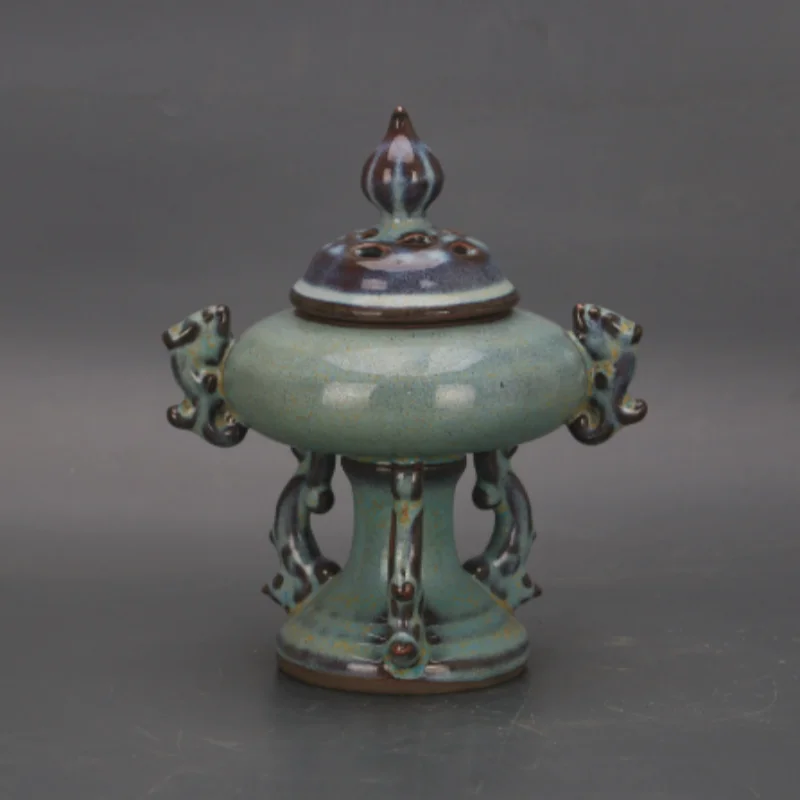 Vintage Jun Kiln divine beast Double-Handled Incense Burner - Traditional Chinese Ceramic Artwork, Desktop Decor & Collectible