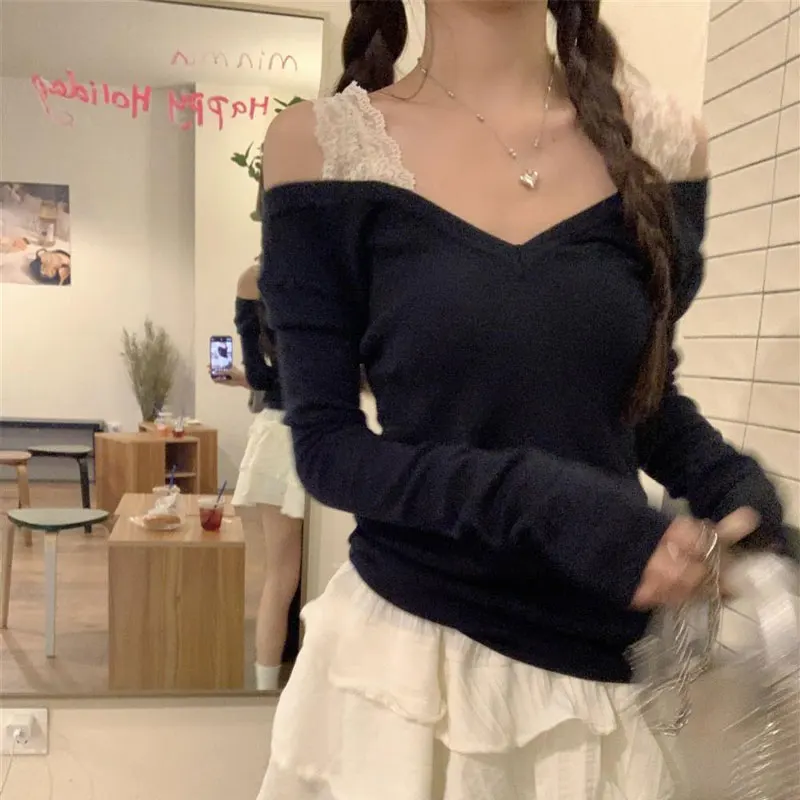 Hotsweet Off Shoulder Slim T-shirts Women's Clothing Fashion Lace Drawstring Spring Autumn Solid Color Casual V-Neck Pullovers