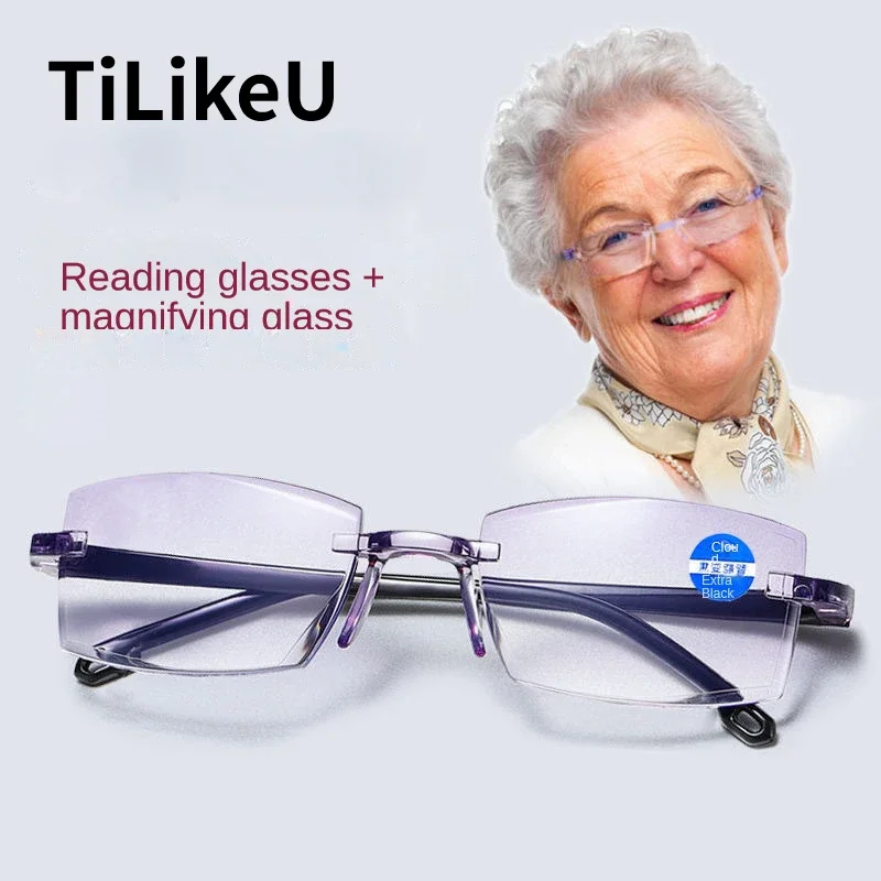 Gafas de lectura sin montura para personas mayores, anteojos de lectura para miopía, antiluz azul, graduadas para negocios, presbicia, 0 -100 -350