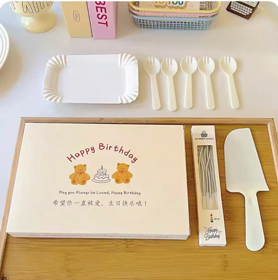 Premium All-in-One Birthday Cake Tableware Gift Box Set Knife Fork Plates Candles Hat Sealed Sturdy Box for Holiday Party
