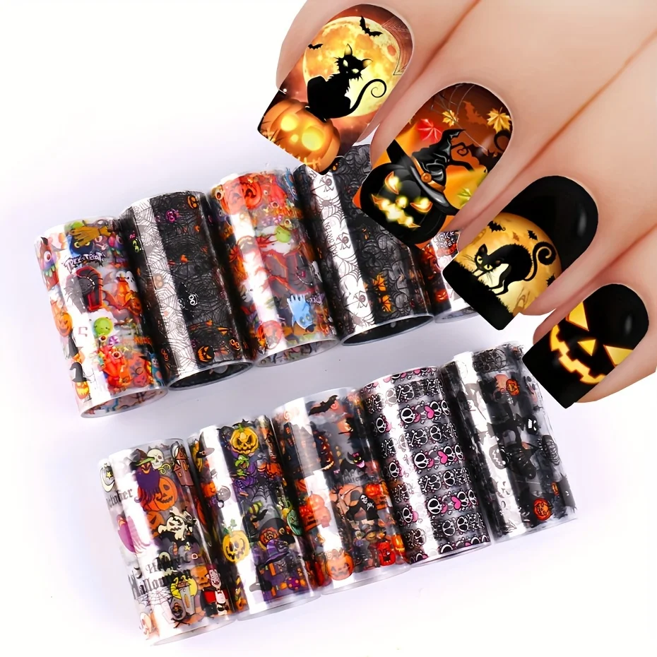 10 Rolls/Box Halloween Nail Sticker Set, Nail Transfer Stickers, Day of the Dead Nail Stickers, Pumpkin, Spider, Skull, Ghost, Holographic Starry Sky Nail Decorations, Halloween Party Nail Supplies, Nail Decorations