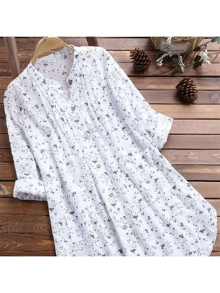 Kemeja Wanita Ukuran Besar 2025 Blus Manis Lucu Kasual Lengan Panjang Putih Baru Mode Elegan Atasan Kancing Kerah Cetak Bunga