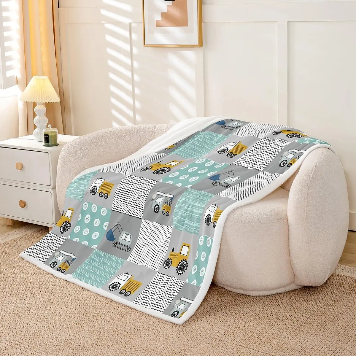 Boys Construction Sherpa Fleece Throw Blanket - Equipment Trucks,Excavator,Tractor Decor - Plush Wheel Green Fuzzy Bedroom Queen