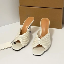 Pearl Beaded Women Mules Square Toe Stiletto High Heel Slides Elegant Sandals Summer Footwear for Wedding Party Daily Wear