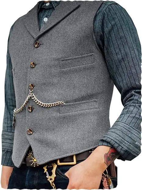 Mens Suit Vest Lapel V Neck Wool Herringbone CasualBusiness Vest Waistcoat Groomman For Wedding Wool Tweed Business Waistcoat