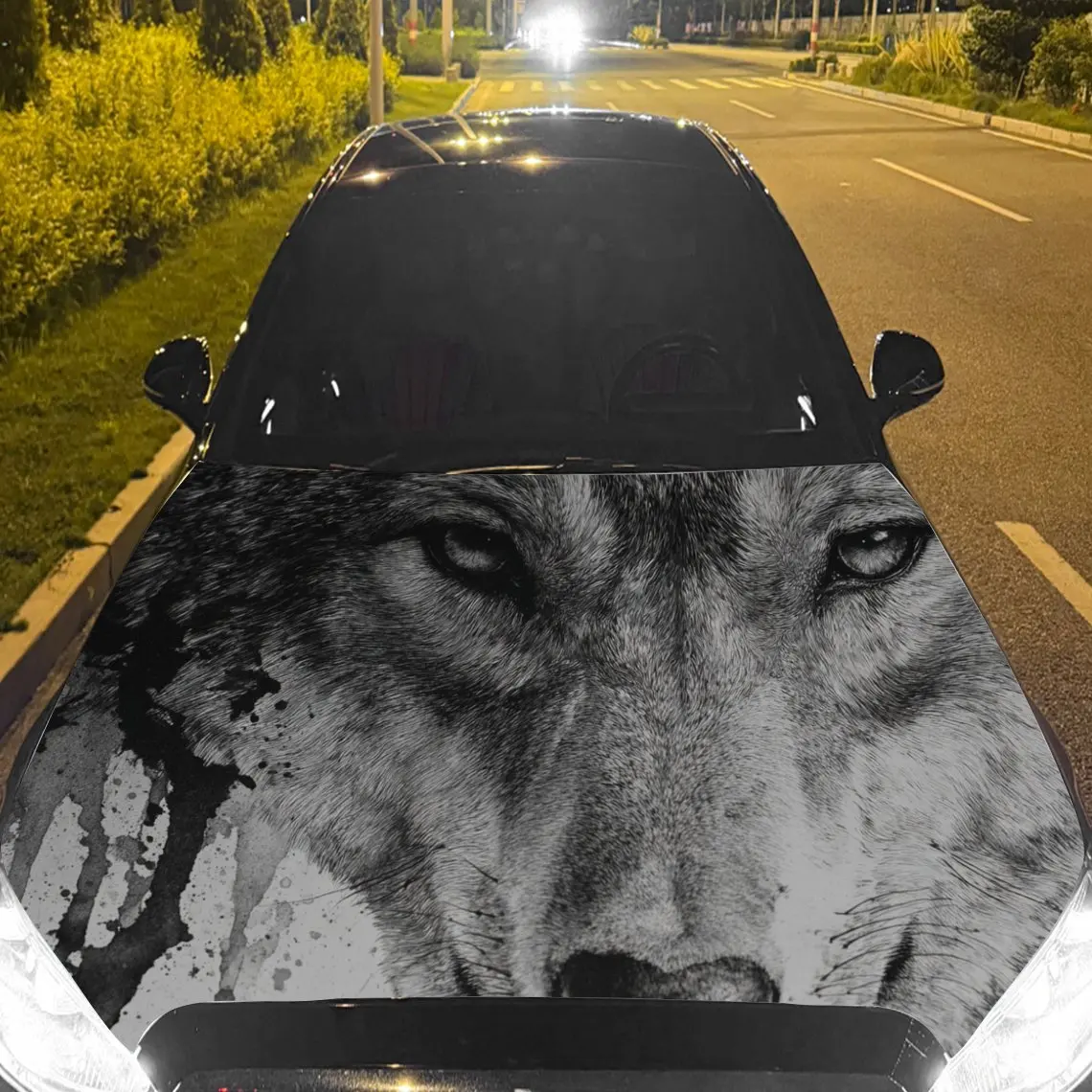 Car Decal Wolf with Piercing Gaze in Artistic Monochrome - Wild Intense Aesthetic Car Hood Sticker, Waterproof Self - Adhesive P