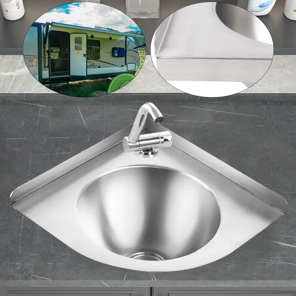 Wall Mount Corner Sink Triangular Stainless Steel Sink with Faucet Easy to Install Bathroom Vanity Vessel Sink for RV, Home