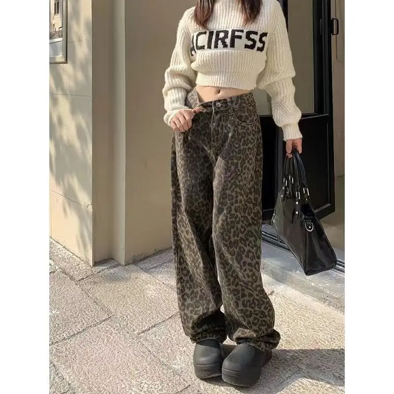 New Vintage Leopard Print Pantalon Femme Wide Leg Pants Women High Waist Straight Y2k Jeans Casual Fashion Korean  Jean Trousers