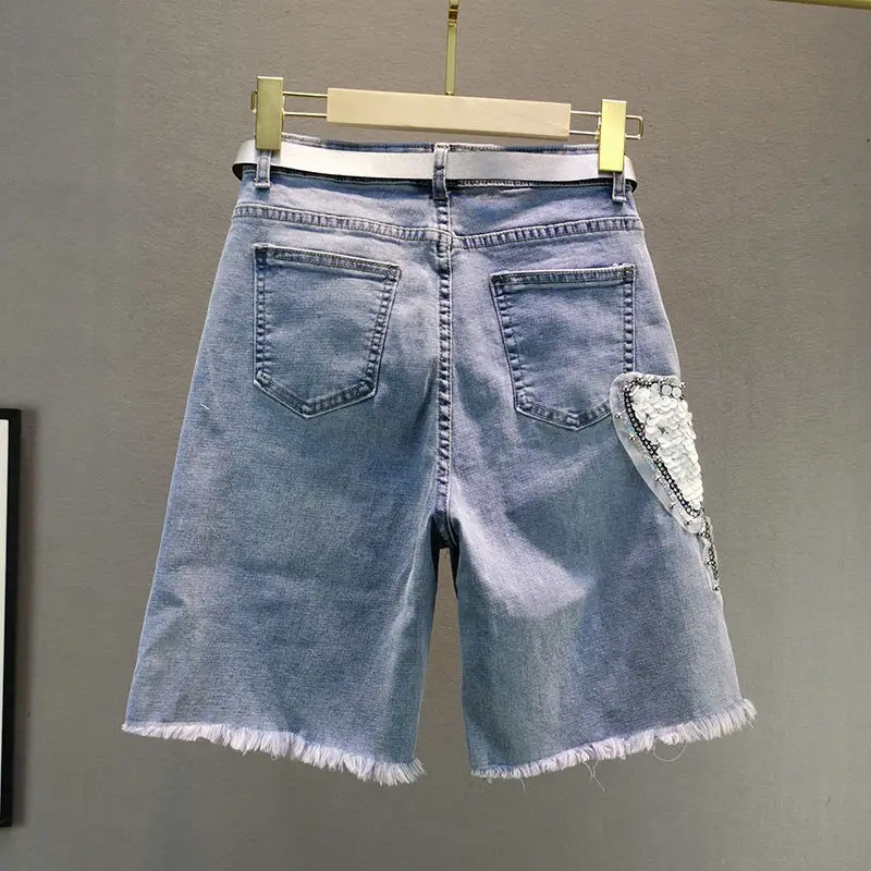 Slim Fit High Waist Shiny Sequin Short Jeans Women's Five-Quarter Pants Summer Fashion New Style Versatile Elegant Stylish