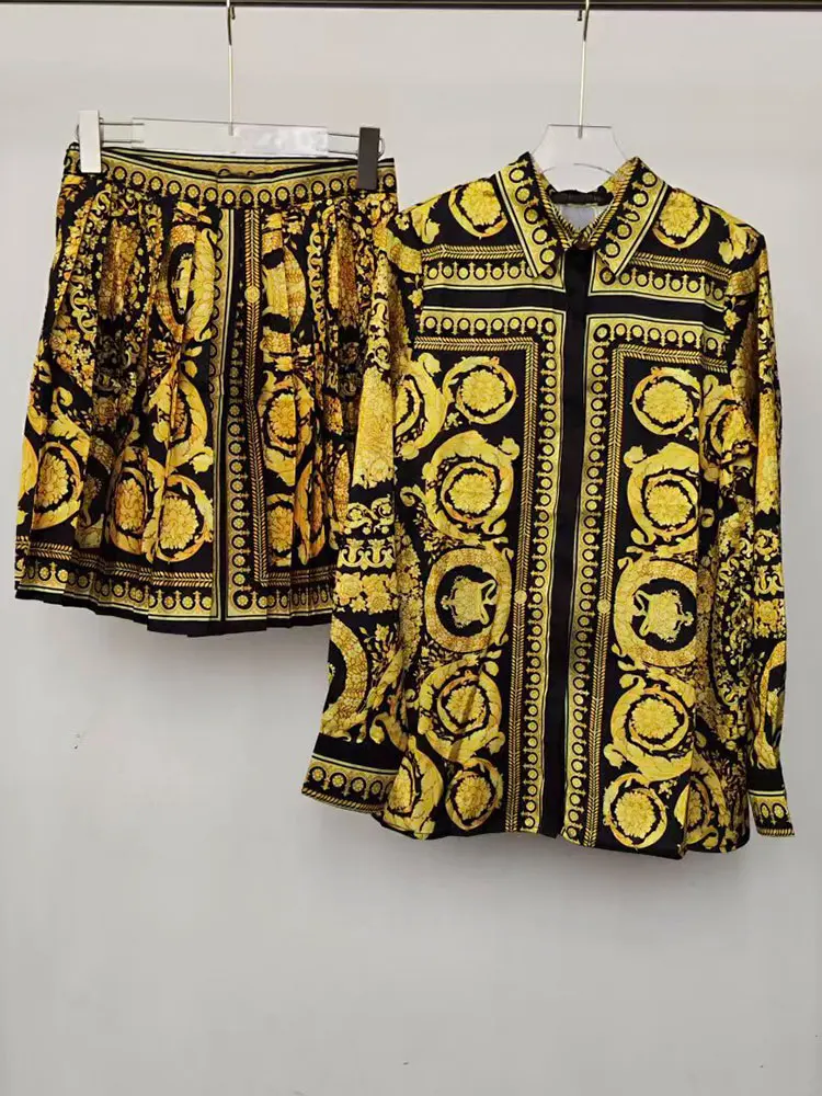 

Spring women's new two-piece lapel single-breasted long-sleeved shirt+high waist pleated skirt fashion holiday printing set