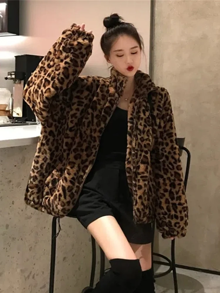 Leopard Fur Jacket Women Winter Warm Stand Collar Zipper Plush Coats Female Vintage Korean Fashion Casual Loose Fluffy Outerwear