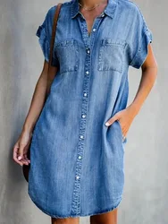 Women's Casual Loose Short Dresses Summer Short Sleeve Denim Mini Dress Pocket Simple Retro Commuter Female Denim Short Skirt