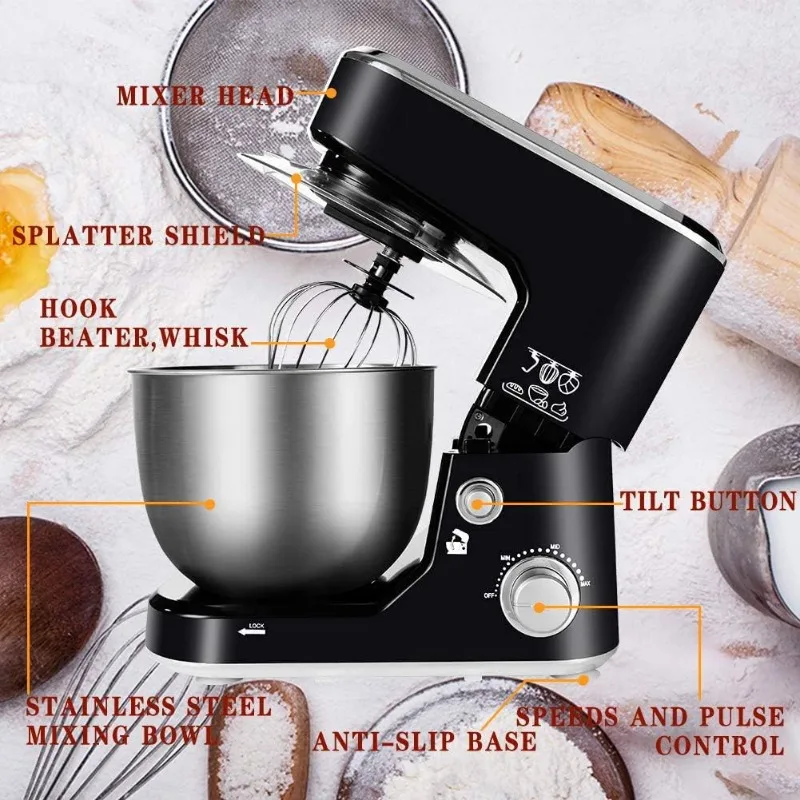 Stand Mixer,CUSIMAX Dough Mixer Tilt-Head Electric Mixer w 5-Quart Stainless Steel Bowl,Dough Hook,Beater and Whisk,Splash Guard