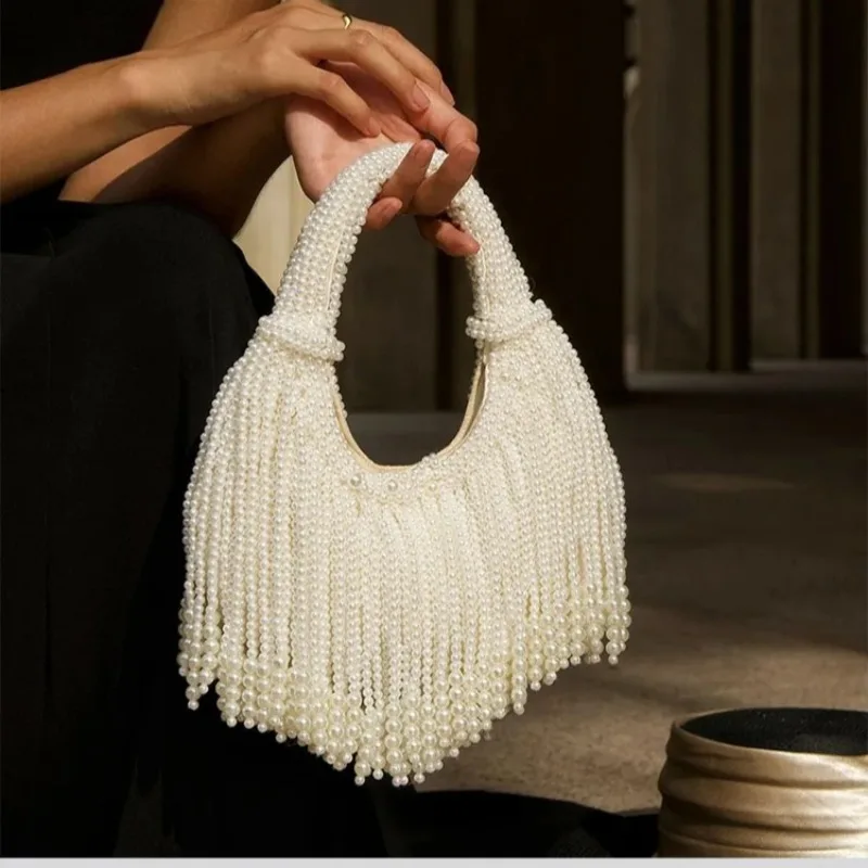 

Luxury Handmade Faux Pearl Beaded Evening Clutch, Vintage Fringe Detail Shoulder Bag, Elegant Party Wedding Handbag for Women