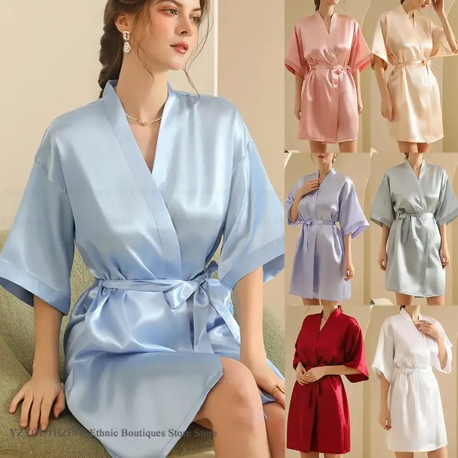 New Female Kimono Bathrobe Gown Bride Weddig Robe Negligee Spring Summer Home Dressing Gown Casual Satin Sleepwear Loungewear