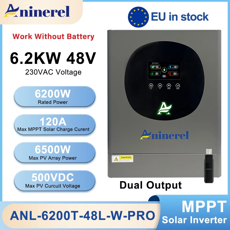 Aninerel 6.2Kw 48V Ibrido Solar Inverter Display Lcd A Colori A Doppia Uscita Con Illuminazione Rgb Mppt 120A Pv 500VDC Pl Eu Disponibile