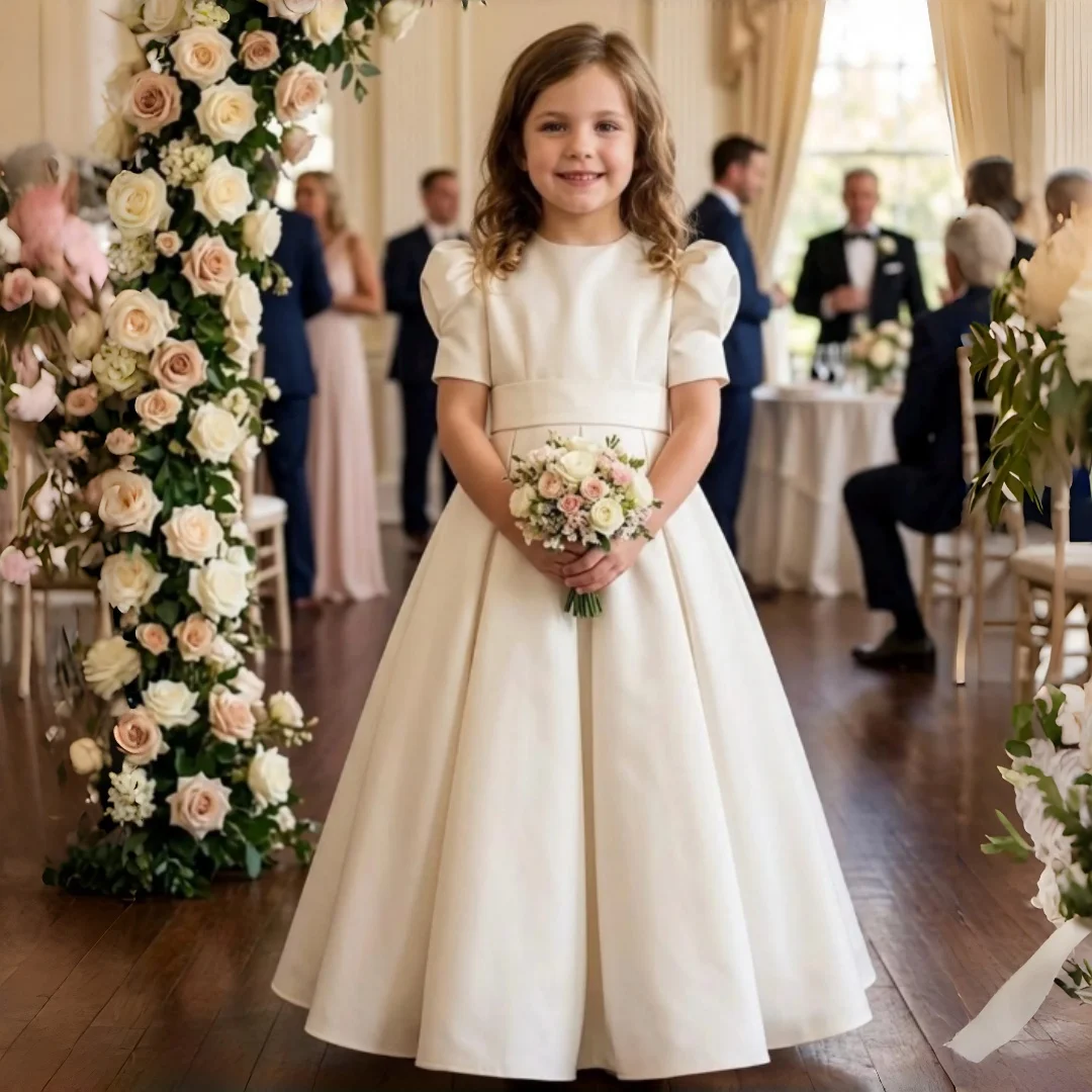 Kids Satin Princess Dress Short Puff Sleeve Round Neck Wide Waist A Line Skirt Girl Wedding Flowergirl First Communion Dress