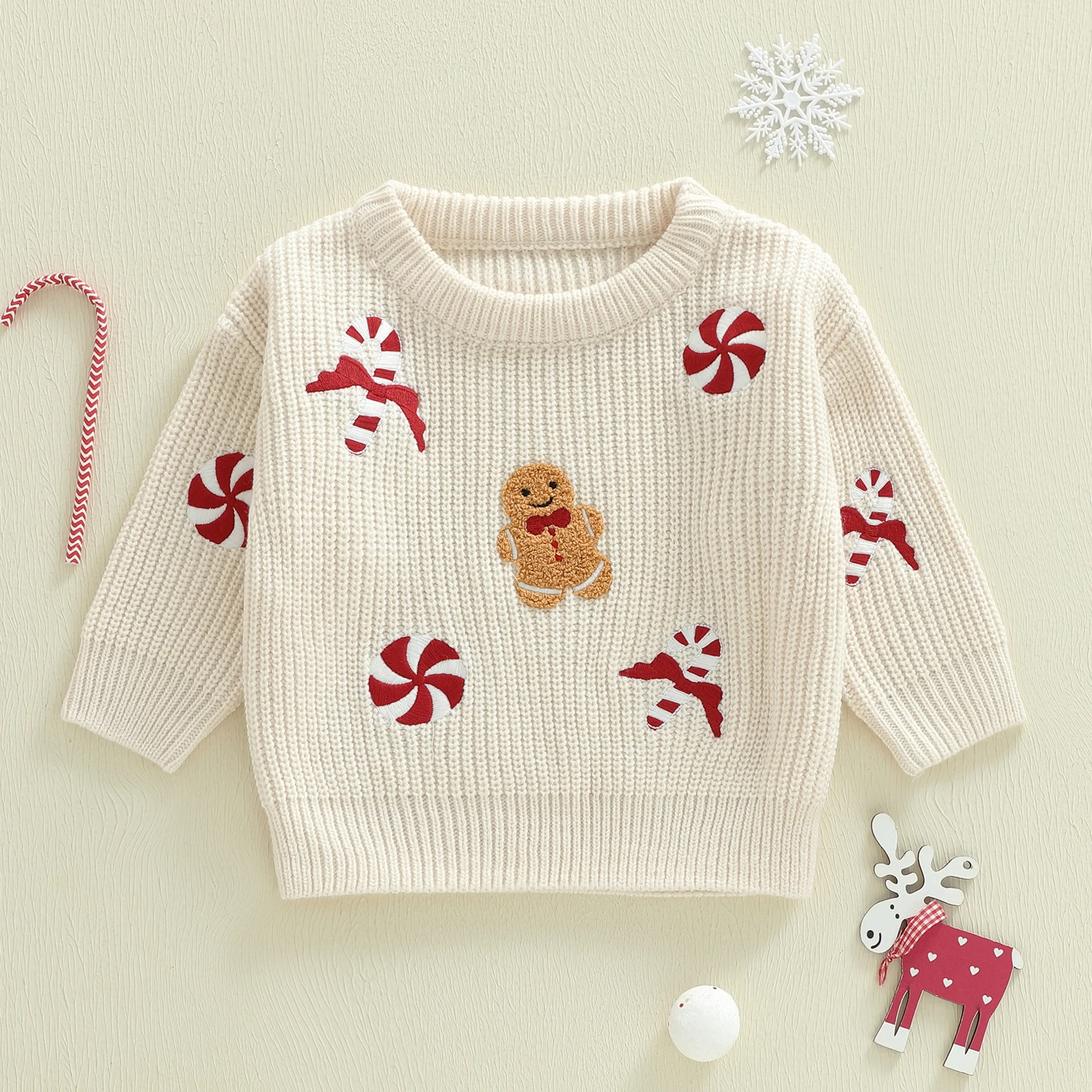 Tregren Toddler Baby Boy Girl Christmas Sweater Candy Gingerbread Man Embroidered Ribbed Long Sleeve Knitted Tops for Winter