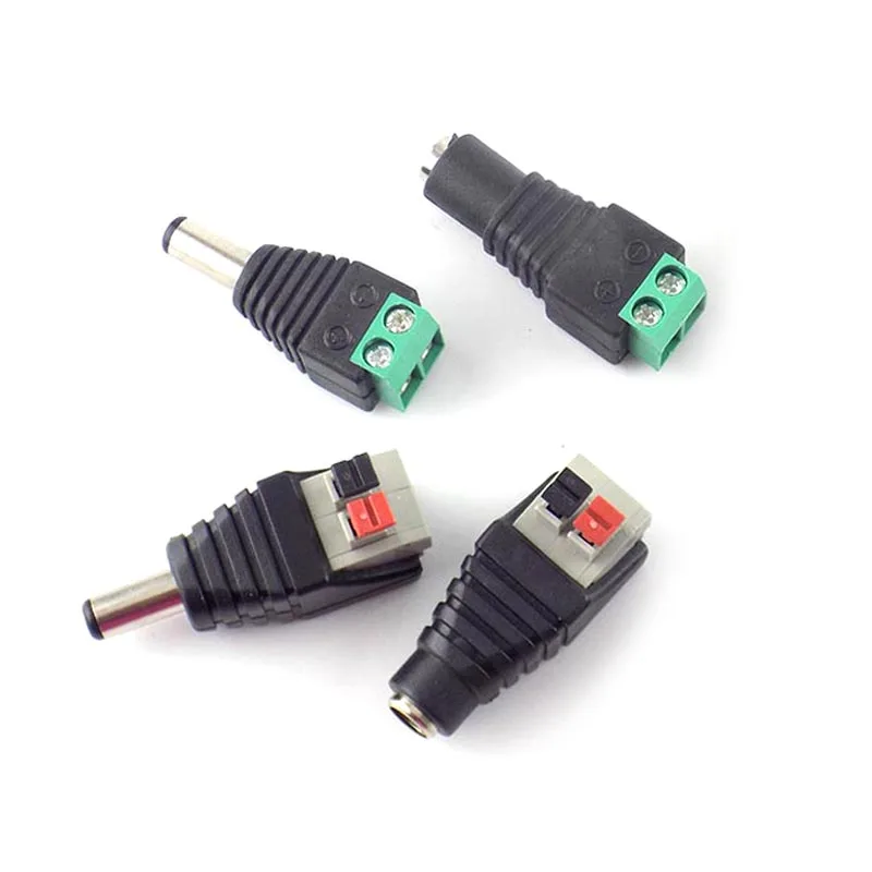 Feminino DC Power Plug Adapter Connector, LED Faixa de lâmpada, pressione o conector, câmeras CCTV, 5,5 milímetros x 2,1 milímetros, 5pcs