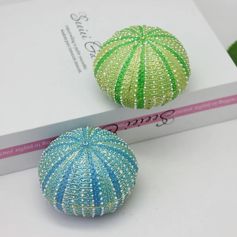 

SHINNYGIFTS Hand Painted Sea Urchins Trinket Box Enameled and Shiny Rhinestones Mini Jewelry Storage Statue Ornament