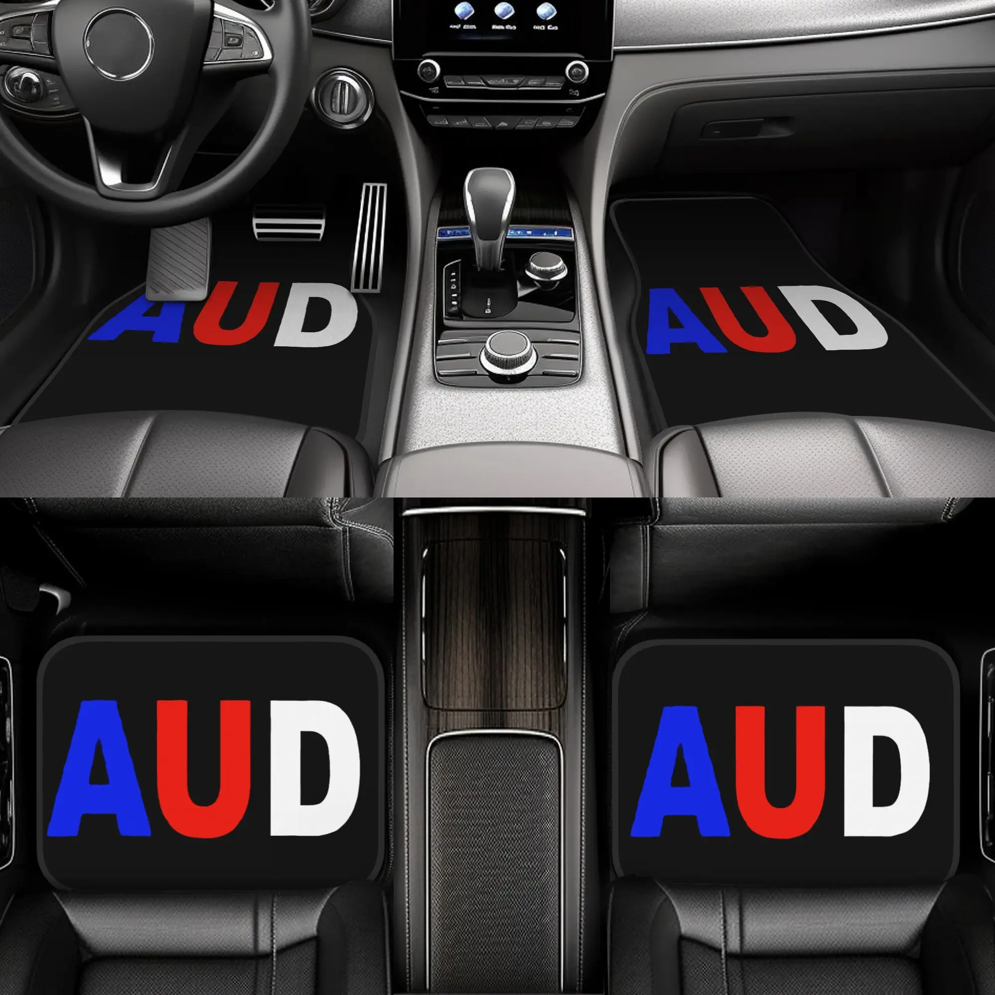 4pcs Set AUD Letter Pattern Printed Polyester Car Mats | Front And Rear Seat Protectors, Universal Anti-Slip, Easy-to-Clean, For