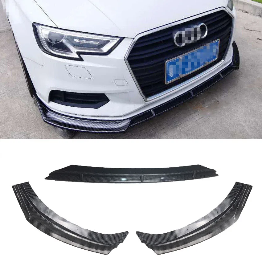 3pcs Black Carbon Fiber Look Front Bumper Lip Side Splitters Spoiler Body Kit For Audi A3 2017-2020 Car Styling